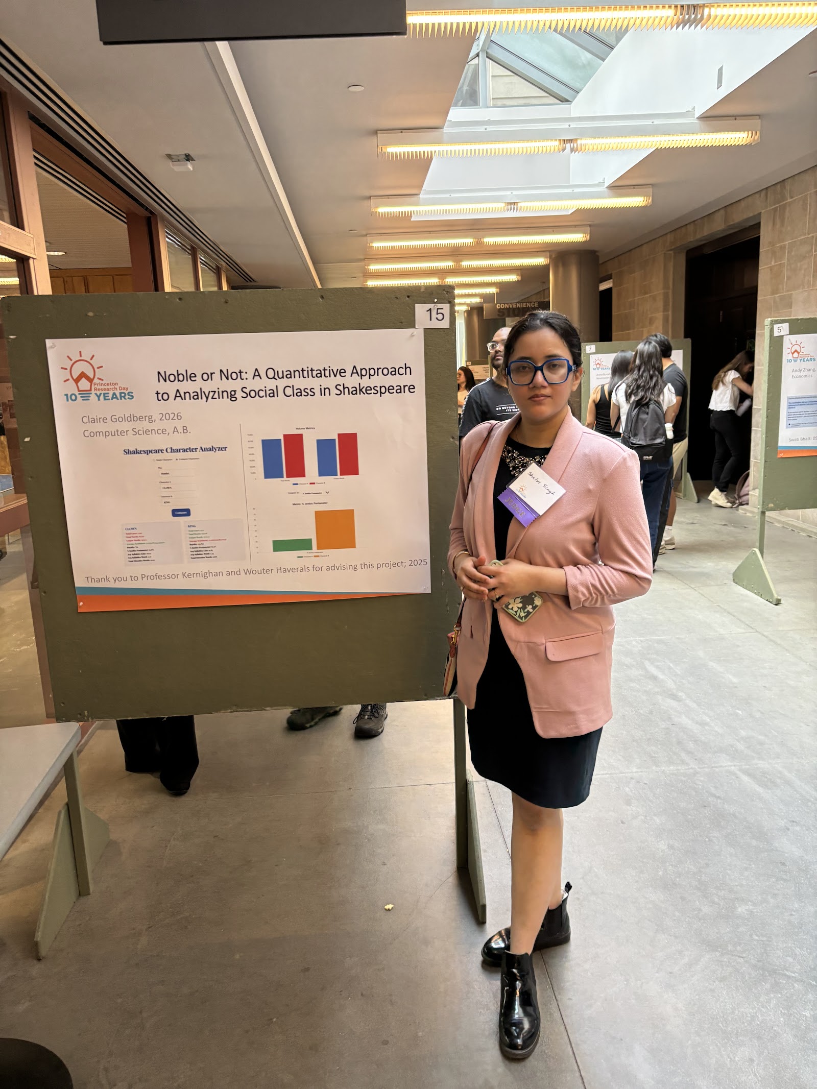 Shalvi beside poster 15, “Noble or Not: A Quantitative Approach to Analyzing Social Class in Shakespeare.”
